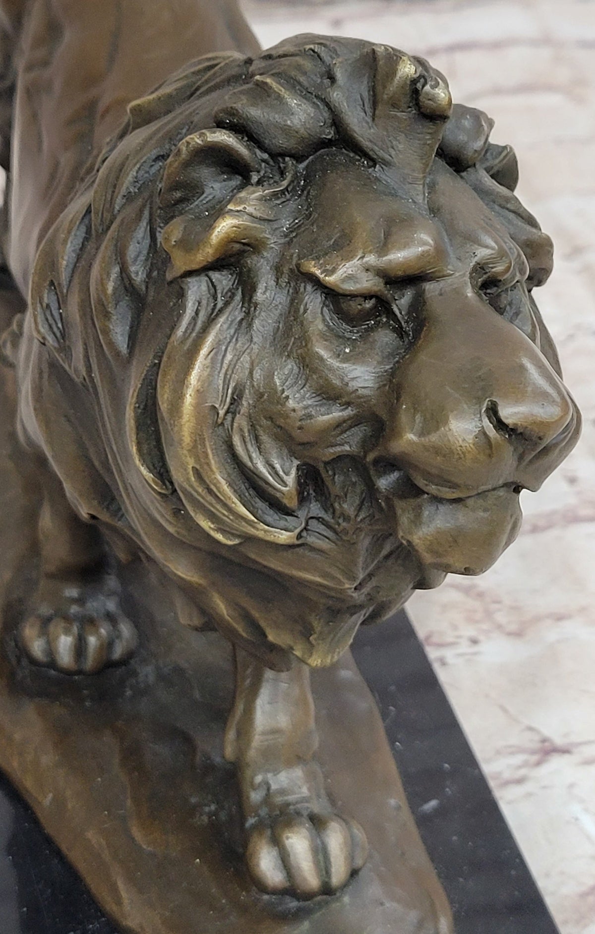 Walking Lion Bronze Sculpture on Marble Base Signed Milo