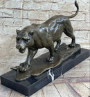 Panther Mountain Lion Big Cat Bronze Sculpture on Marble Base