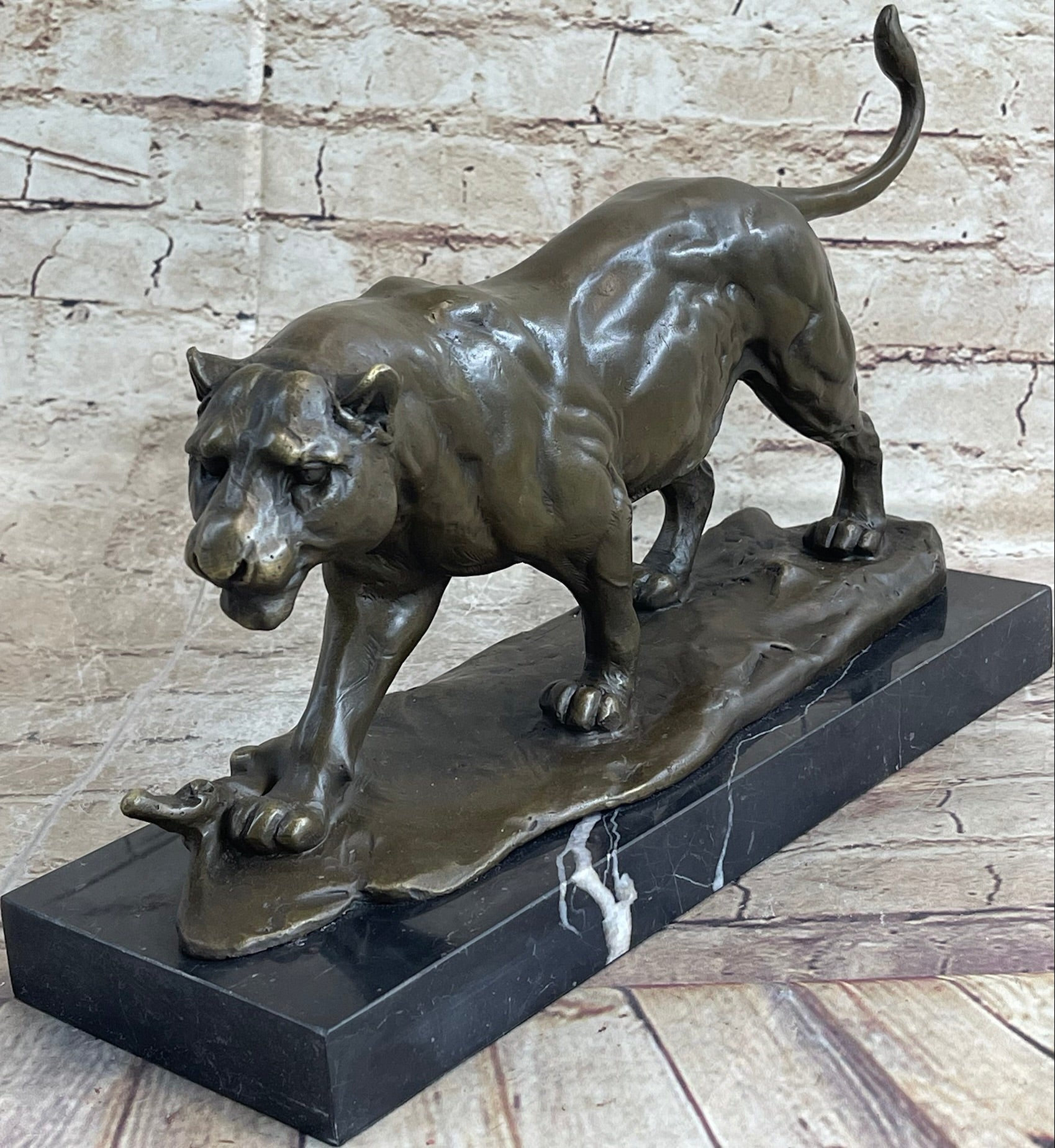 Panther Mountain Lion Big Cat Bronze Sculpture on Marble Base