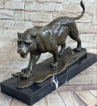 Panther Mountain Lion Big Cat Bronze Sculpture on Marble Base