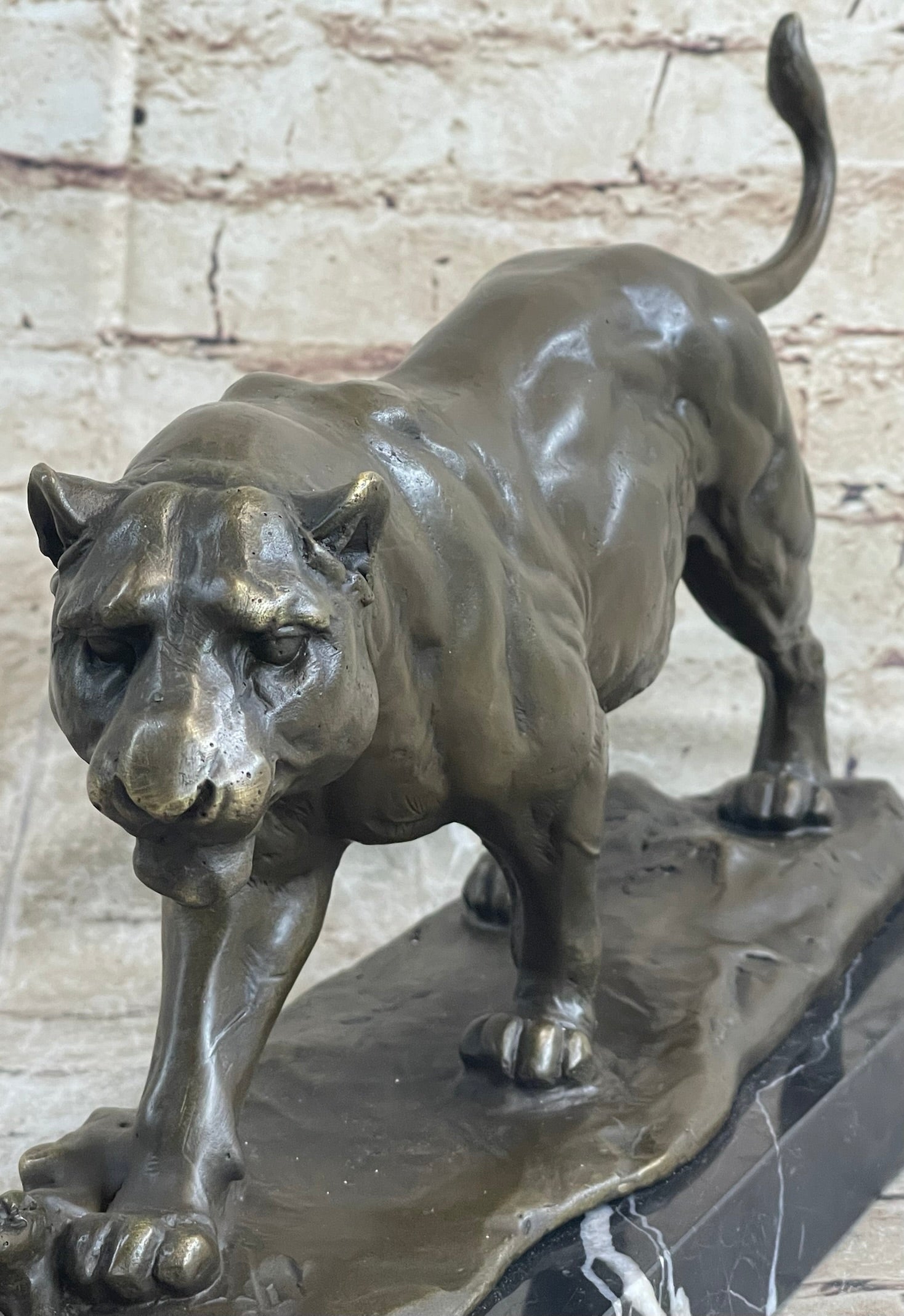 Panther Mountain Lion Big Cat Bronze Sculpture on Marble Base