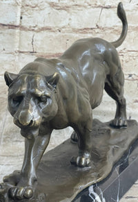 Panther Mountain Lion Big Cat Bronze Sculpture on Marble Base