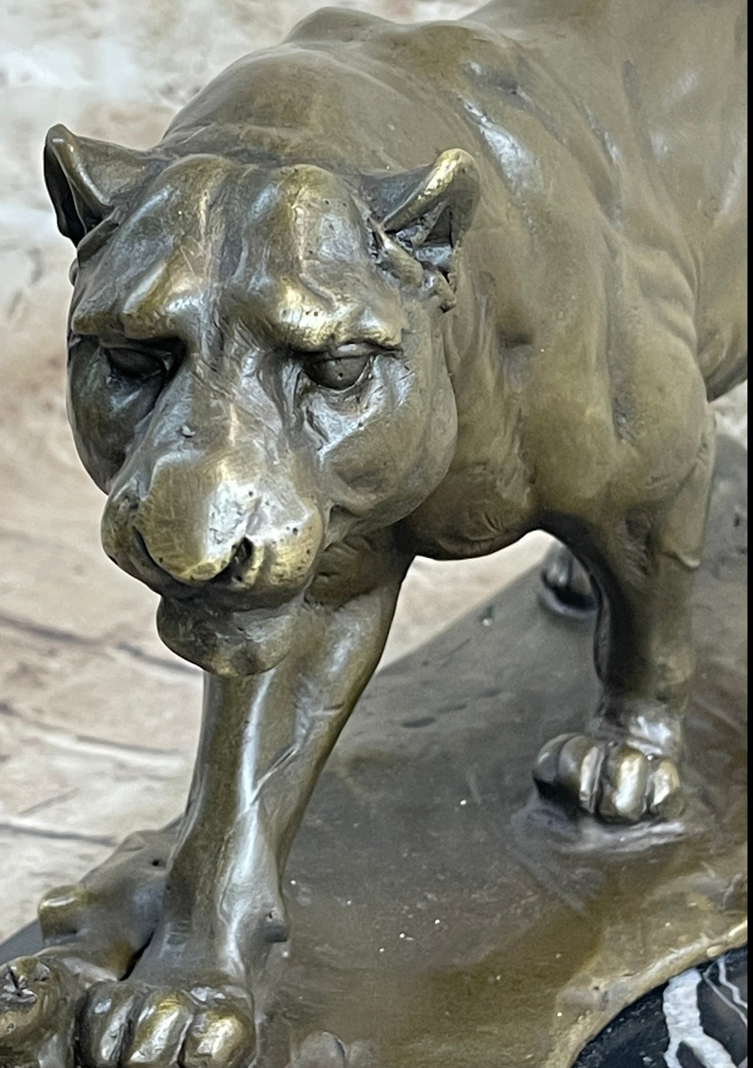 Panther Mountain Lion Big Cat Bronze Sculpture on Marble Base