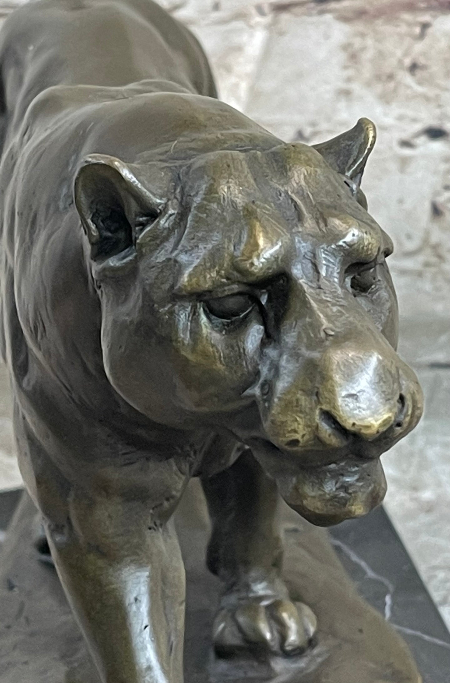 Panther Mountain Lion Big Cat Bronze Sculpture on Marble Base