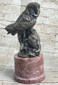 Bronze Sculpture of Two Owls on Red Marble Base Signed Milo