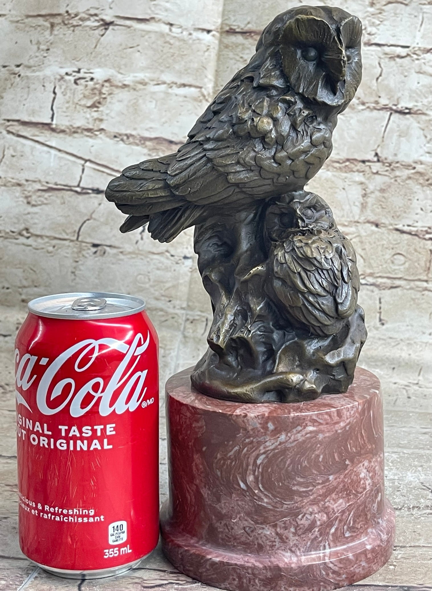 Bronze Sculpture of Two Owls on Red Marble Base Signed Milo