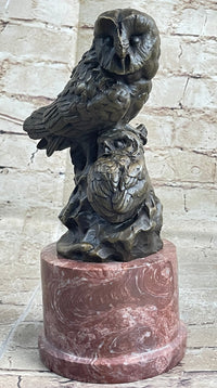 Bronze Sculpture of Two Owls on Red Marble Base Signed Milo