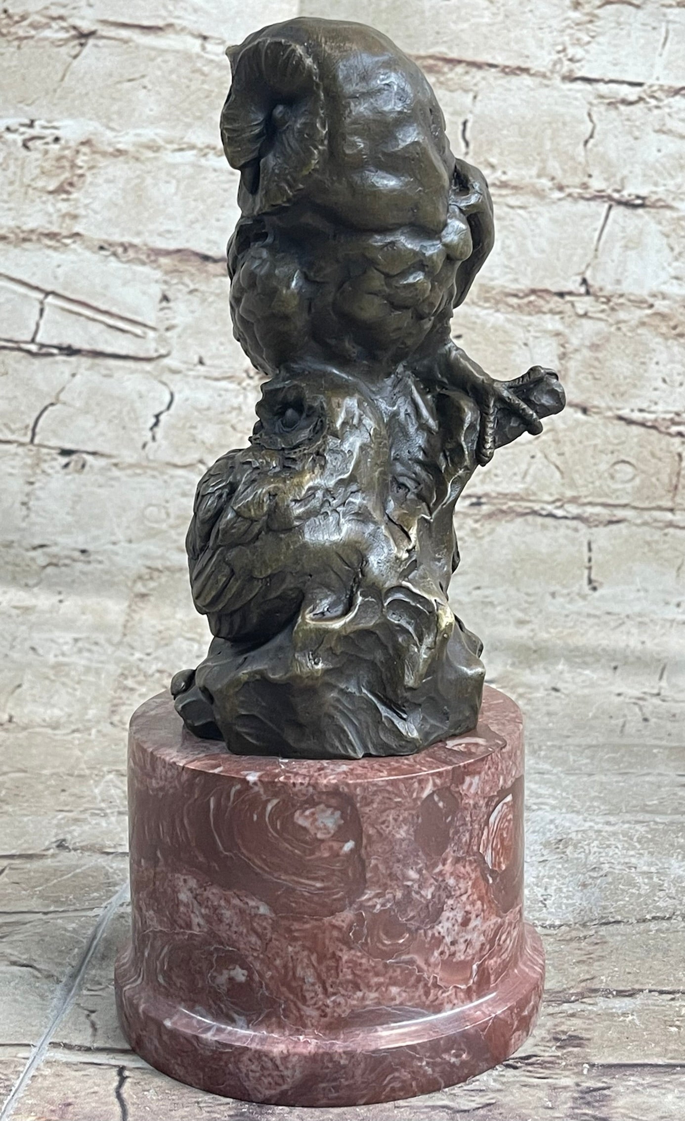 Bronze Sculpture of Two Owls on Red Marble Base Signed Milo