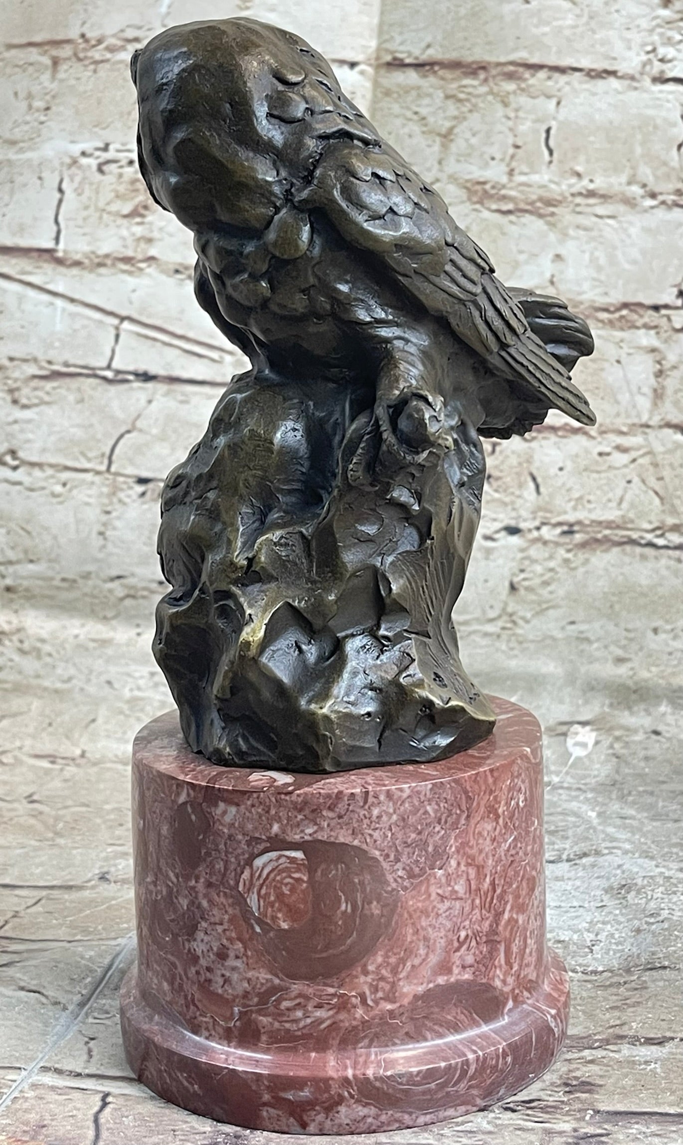 Bronze Sculpture of Two Owls on Red Marble Base Signed Milo