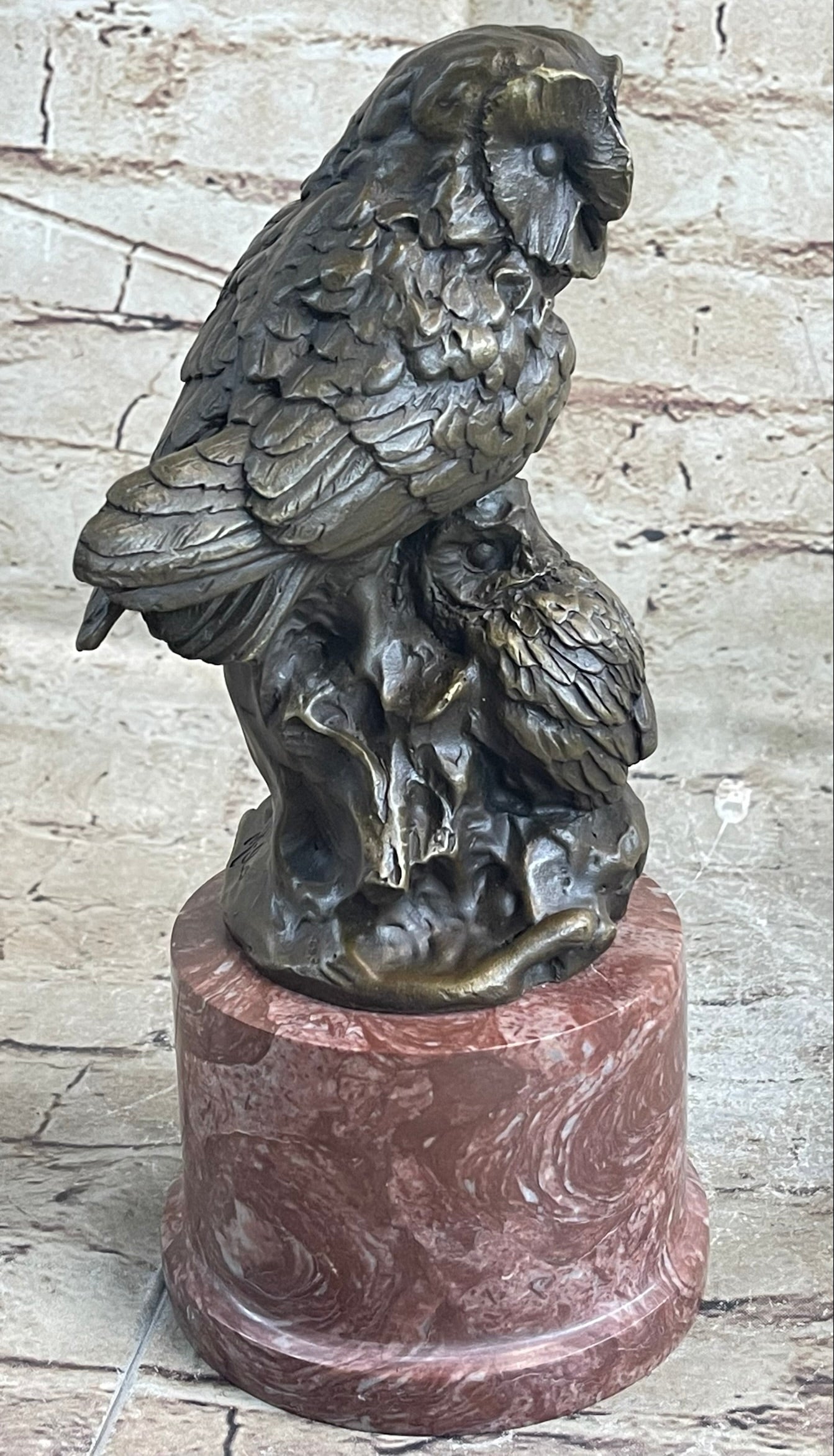 Bronze Sculpture of Two Owls on Red Marble Base Signed Milo