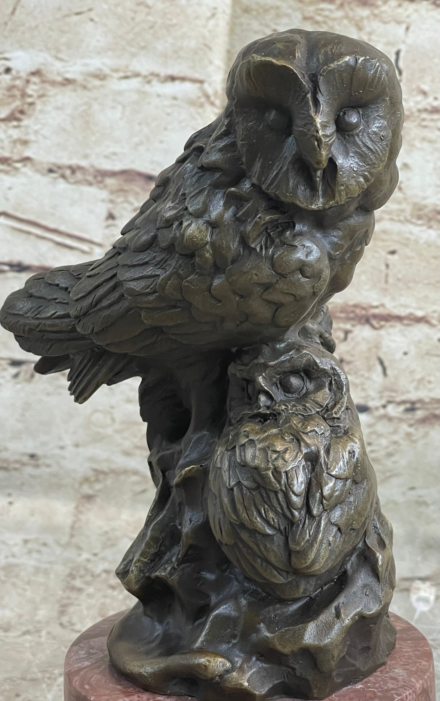 Bronze Sculpture of Two Owls on Red Marble Base Signed Milo