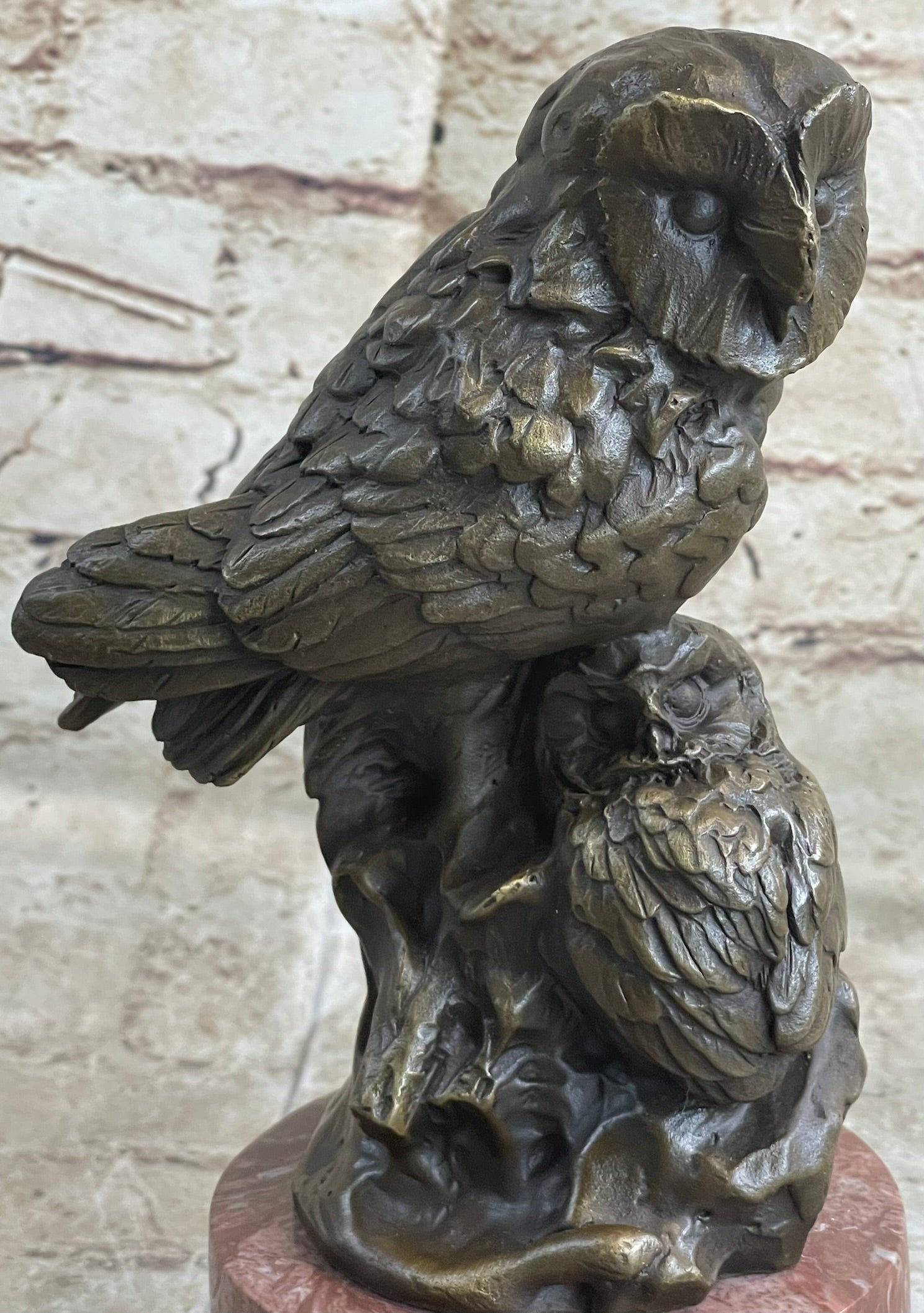 Bronze Sculpture of Two Owls on Red Marble Base Signed Milo