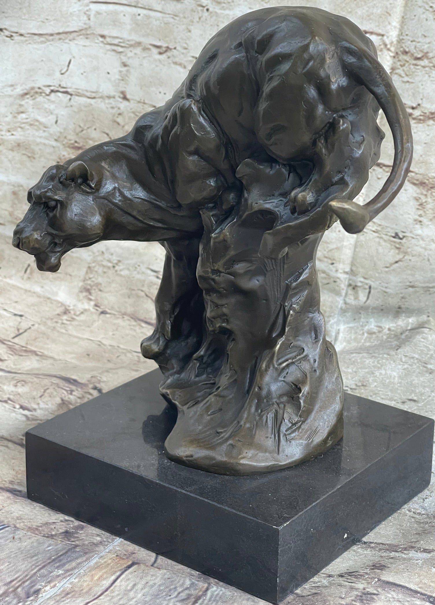 Pouncing Cougar Mountain Lion Bronze Sculpture 11.5" x 12"