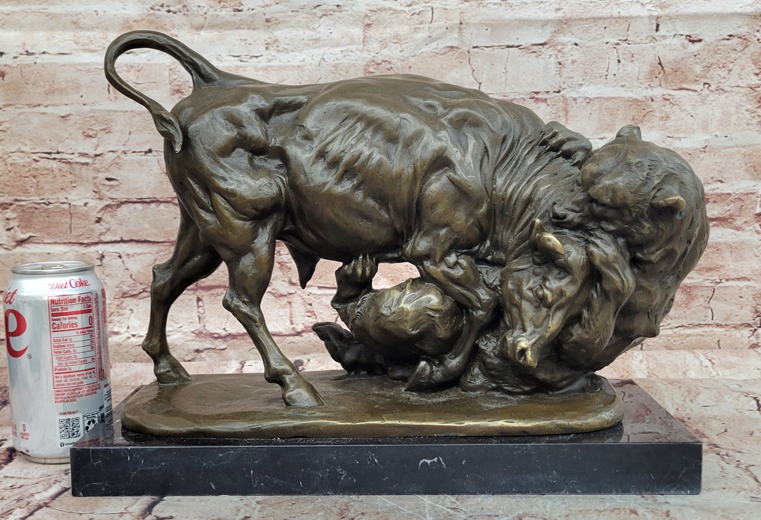 Signed Original Milo 100% Bronze Buffalo Fight Bear Statues Animal Sculpture