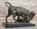 Signed Original Milo 100% Bronze Buffalo Fight Bear Statues Animal Sculpture
