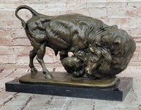 Signed Original Milo 100% Bronze Buffalo Fight Bear Statues Animal Sculpture