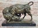 Signed Original Milo 100% Bronze Buffalo Fight Bear Statues Animal Sculpture