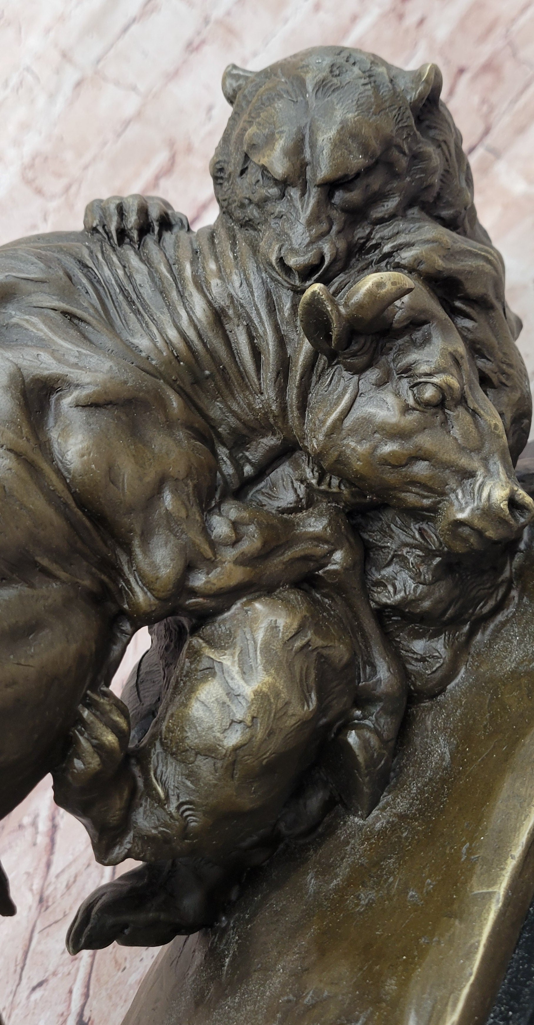 Signed Original Milo 100% Bronze Buffalo Fight Bear Statues Animal Sculpture
