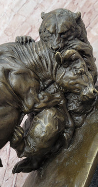 Signed Original Milo 100% Bronze Buffalo Fight Bear Statues Animal Sculpture