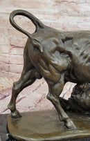 Signed Original Milo 100% Bronze Buffalo Fight Bear Statues Animal Sculpture