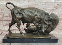 Signed Original Milo 100% Bronze Buffalo Fight Bear Statues Animal Sculpture