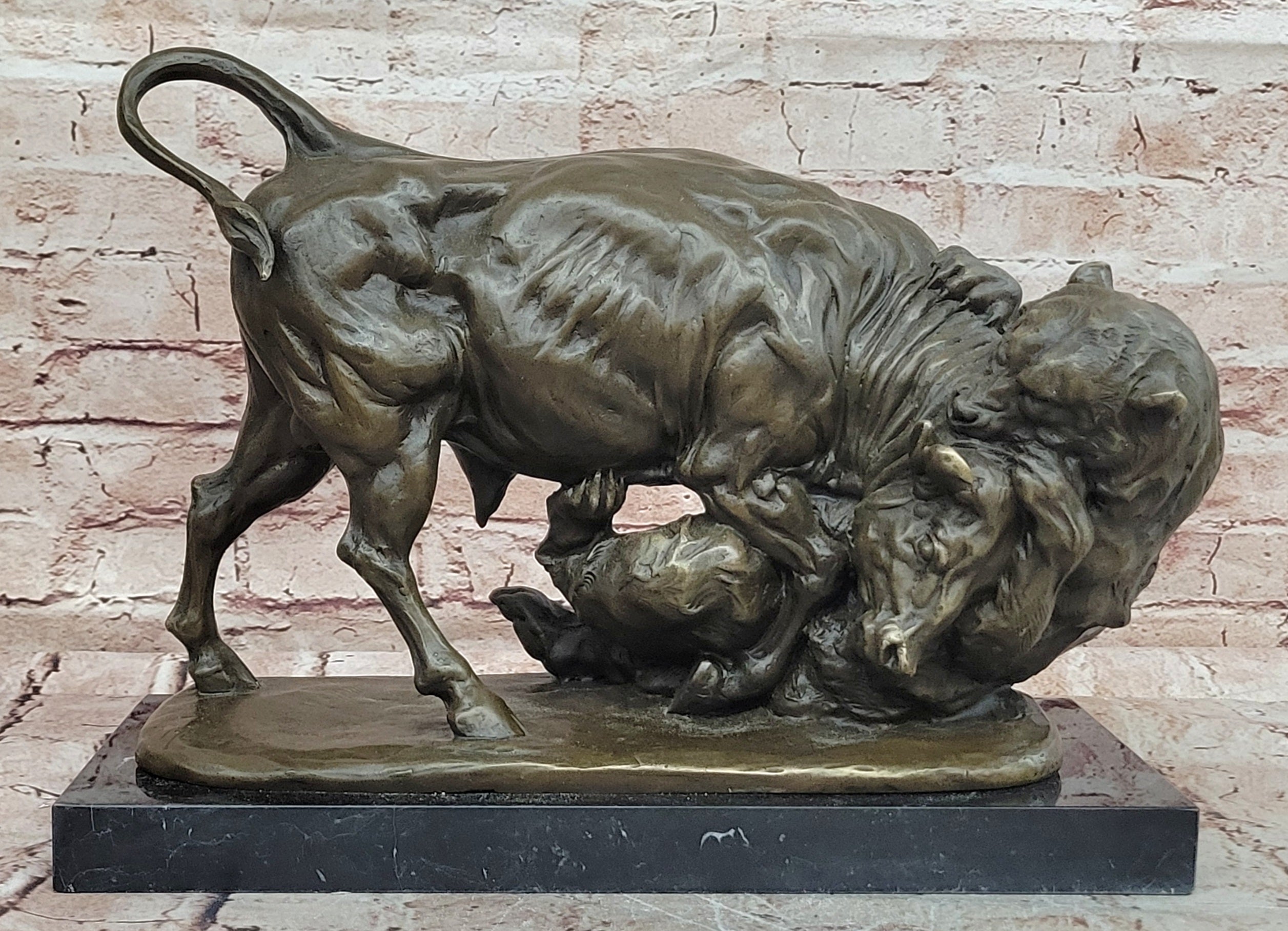 Signed Original Milo 100% Bronze Buffalo Fight Bear Statues Animal Sculpture
