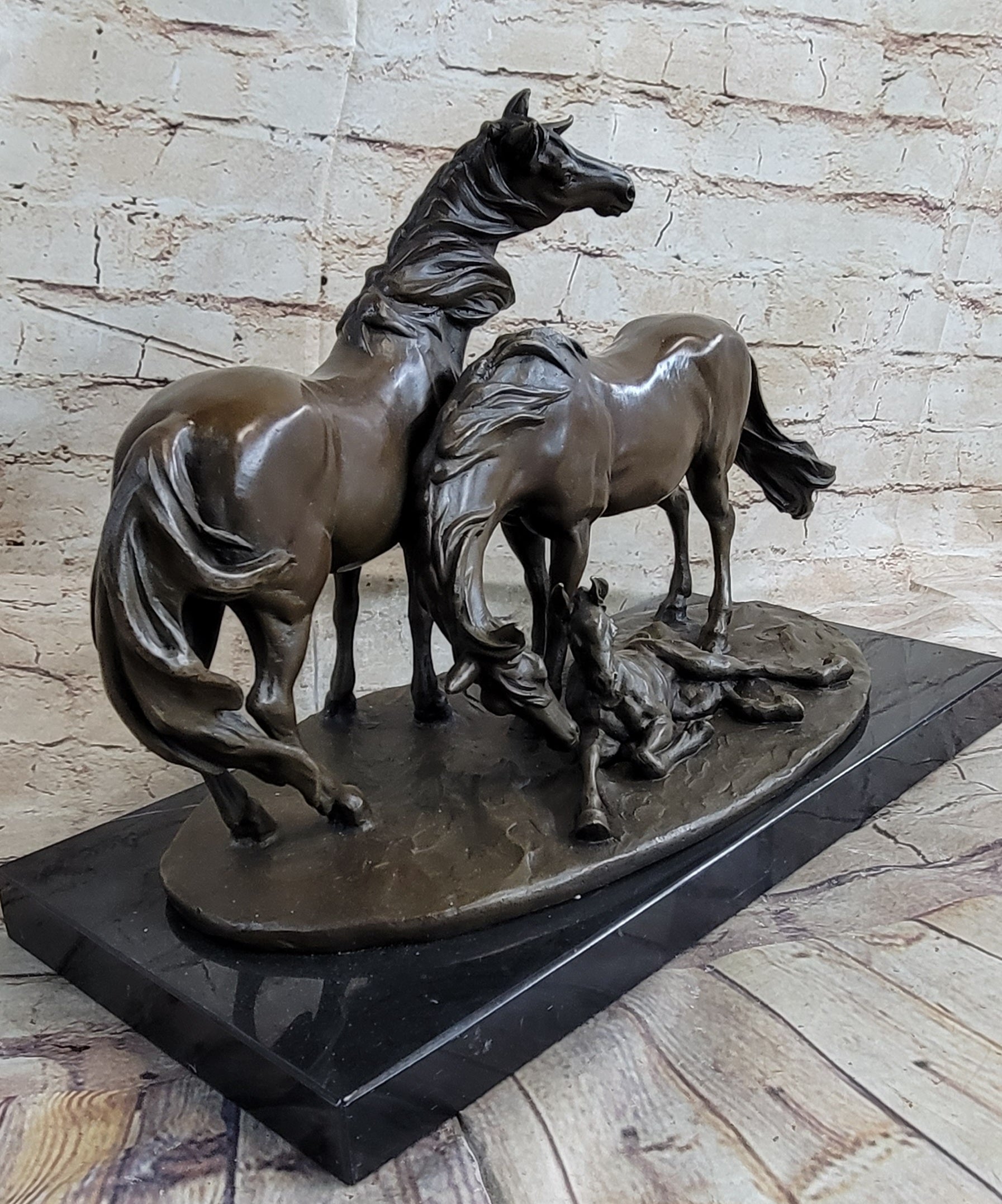 Horses Harmony Stallion Bronze Sculpture Hot Cast Marble Base