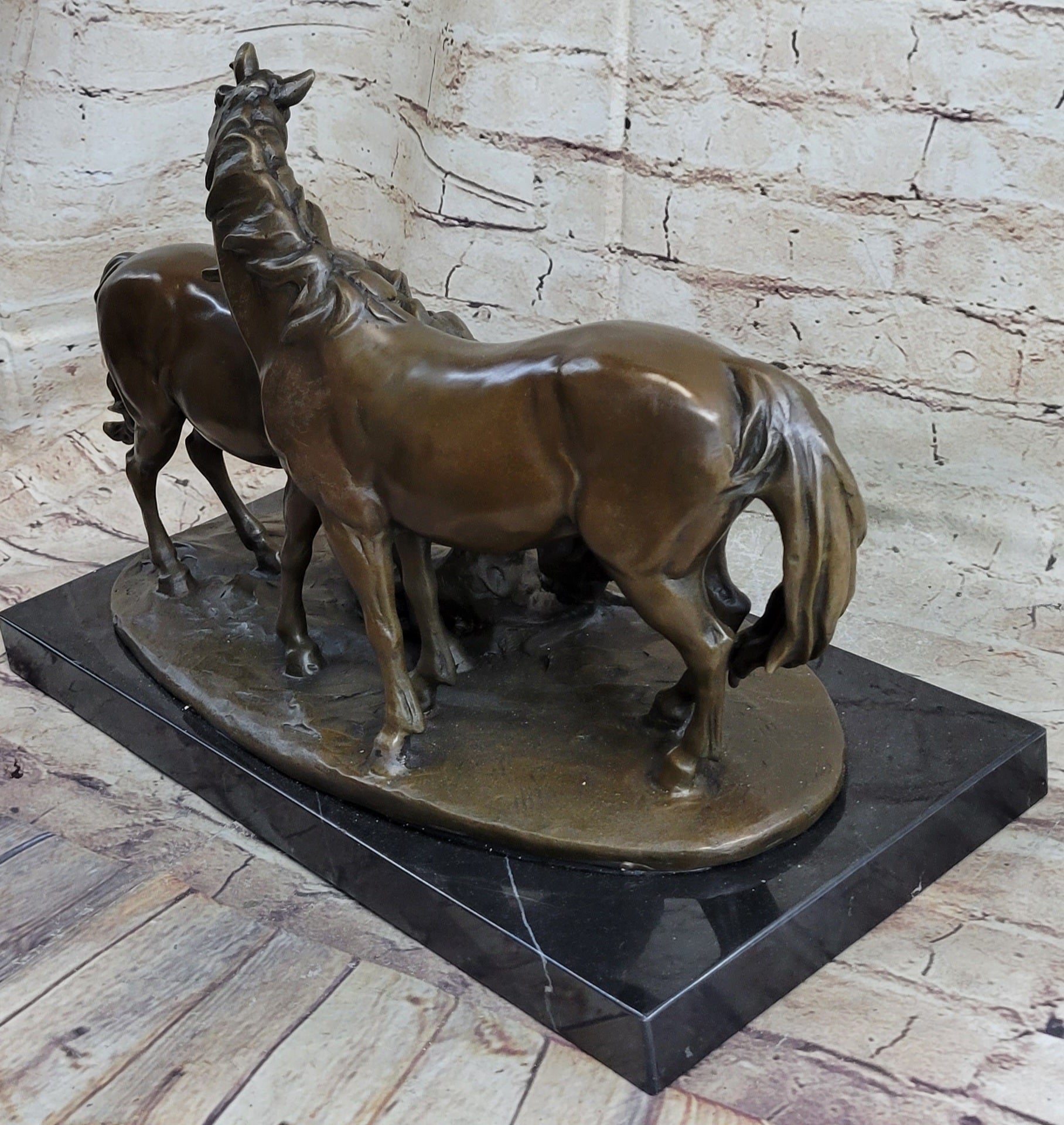 Horses Harmony Stallion Bronze Sculpture Hot Cast Marble Base