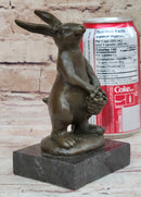 Easter Bunny Rabbit Holding Basket Bronze Sculpture on Marble Base
