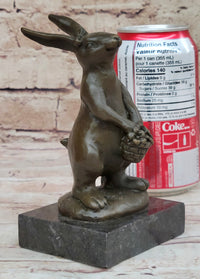 Easter Bunny Rabbit Holding Basket Bronze Sculpture on Marble Base