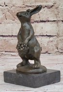 Easter Bunny Rabbit Holding Basket Bronze Sculpture on Marble Base