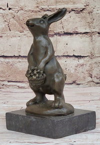 Easter Bunny Rabbit Holding Basket Bronze Sculpture on Marble Base