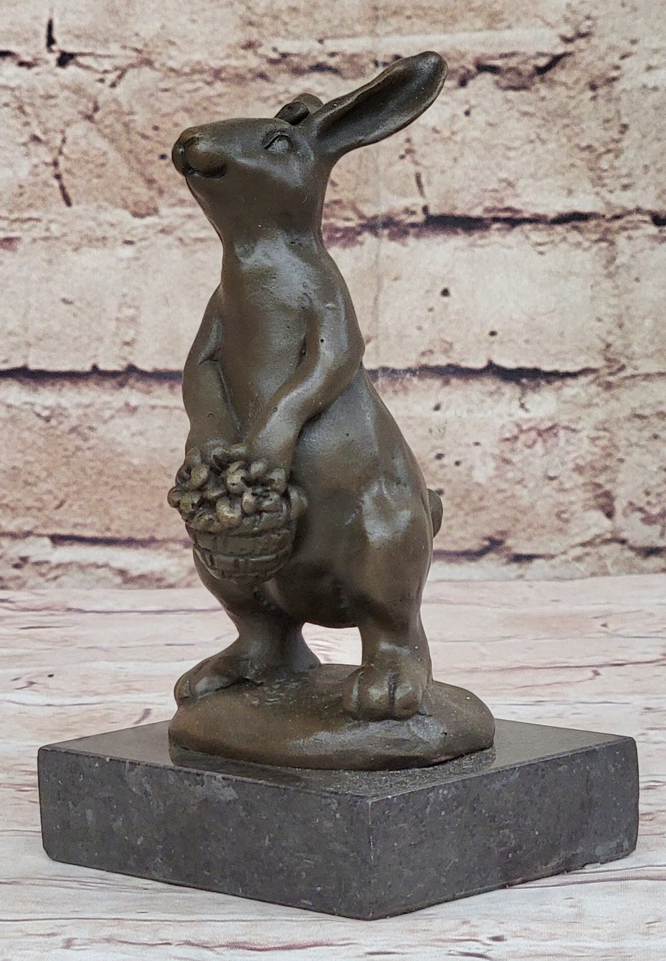 Easter Bunny Rabbit Holding Basket Bronze Sculpture on Marble Base
