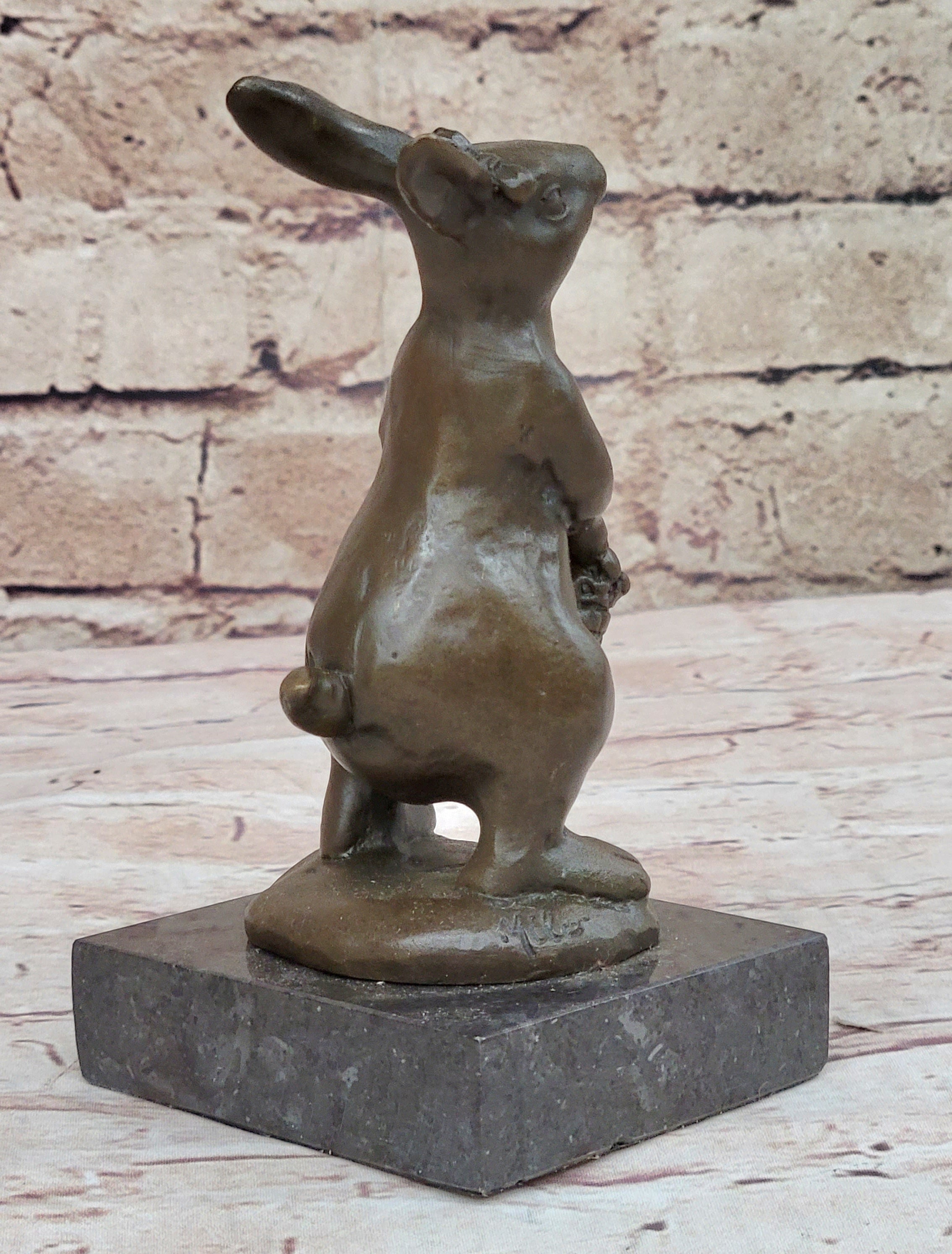 Easter Bunny Rabbit Holding Basket Bronze Sculpture on Marble Base