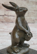Easter Bunny Rabbit Holding Basket Bronze Sculpture on Marble Base