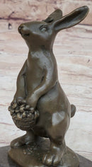 Easter Bunny Rabbit Holding Basket Bronze Sculpture on Marble Base