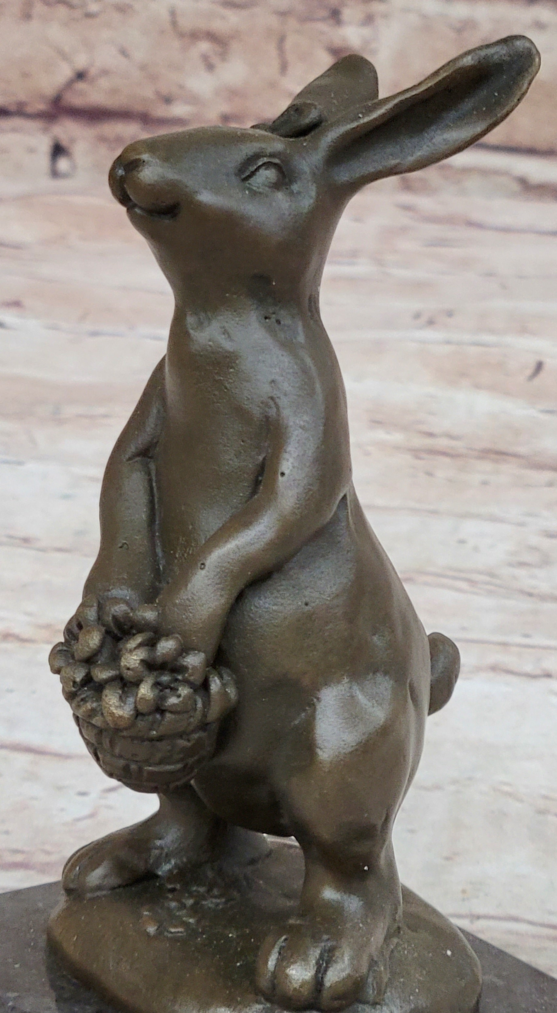Easter Bunny Rabbit Holding Basket Bronze Sculpture on Marble Base