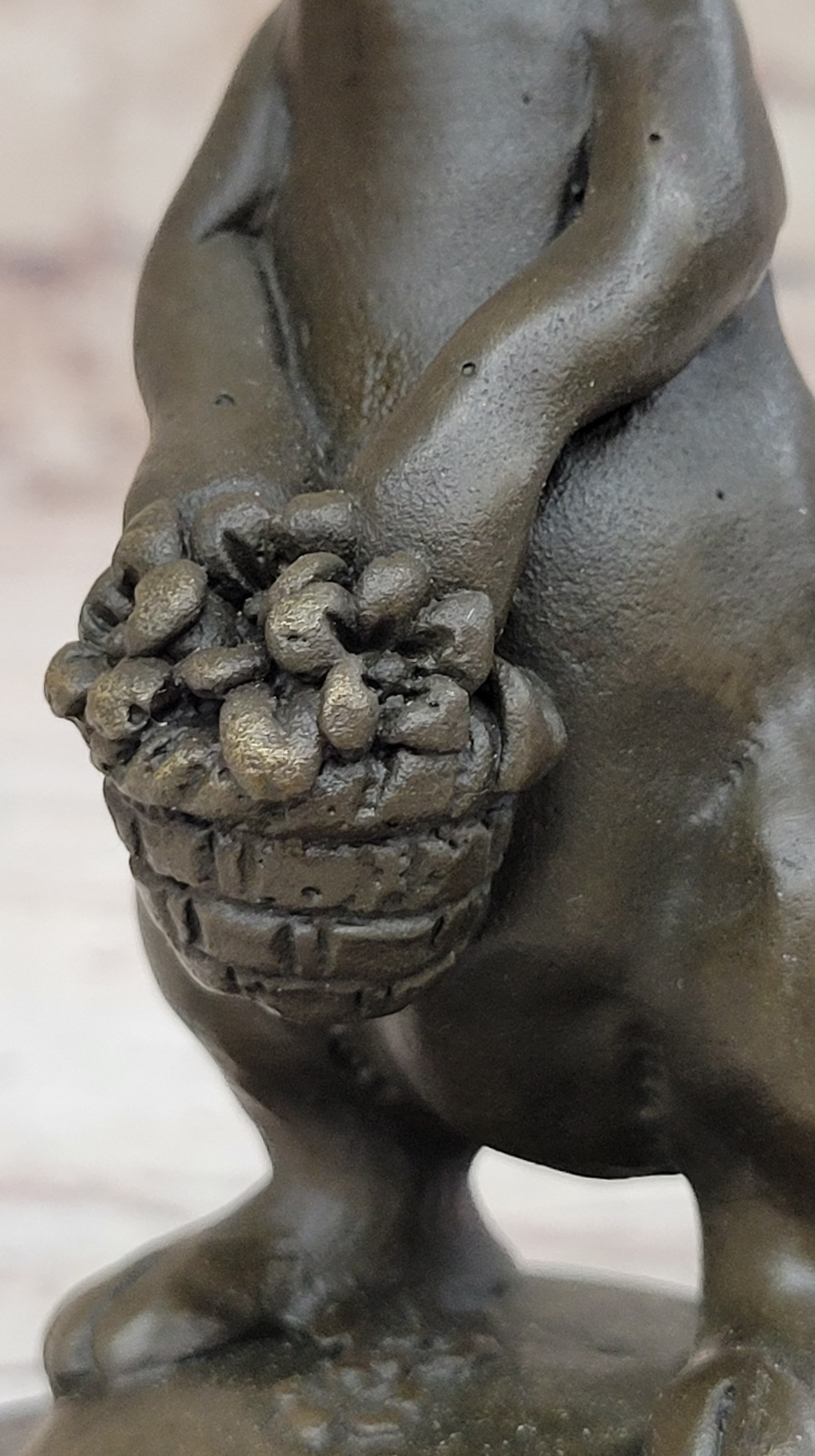 Easter Bunny Rabbit Holding Basket Bronze Sculpture on Marble Base