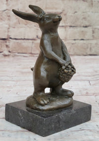 Easter Bunny Rabbit Holding Basket Bronze Sculpture on Marble Base