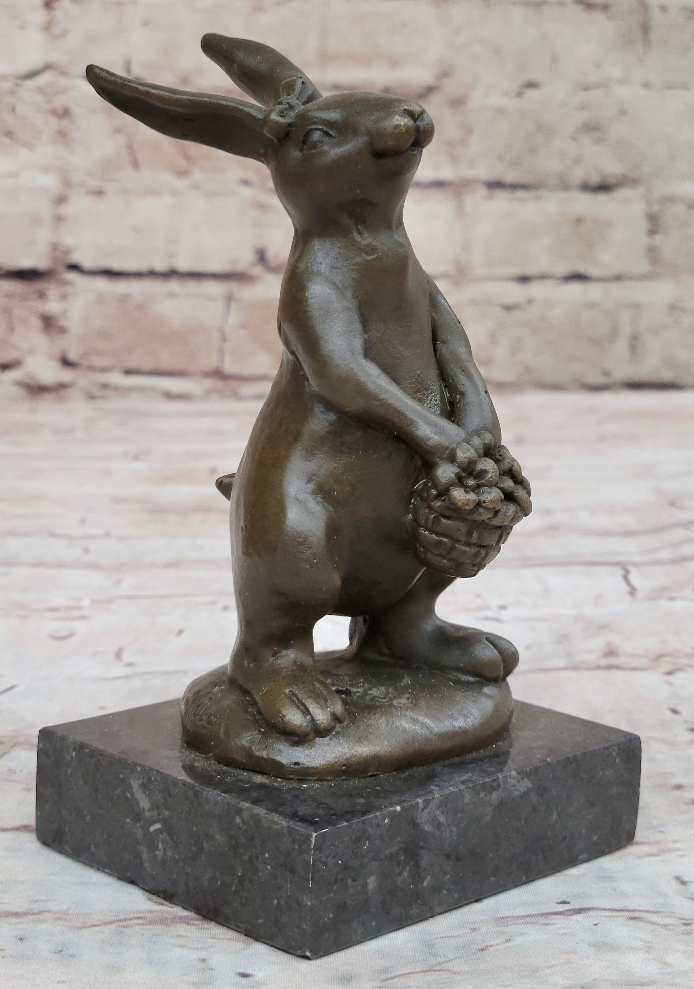 Easter Bunny Rabbit Holding Basket Bronze Sculpture on Marble Base