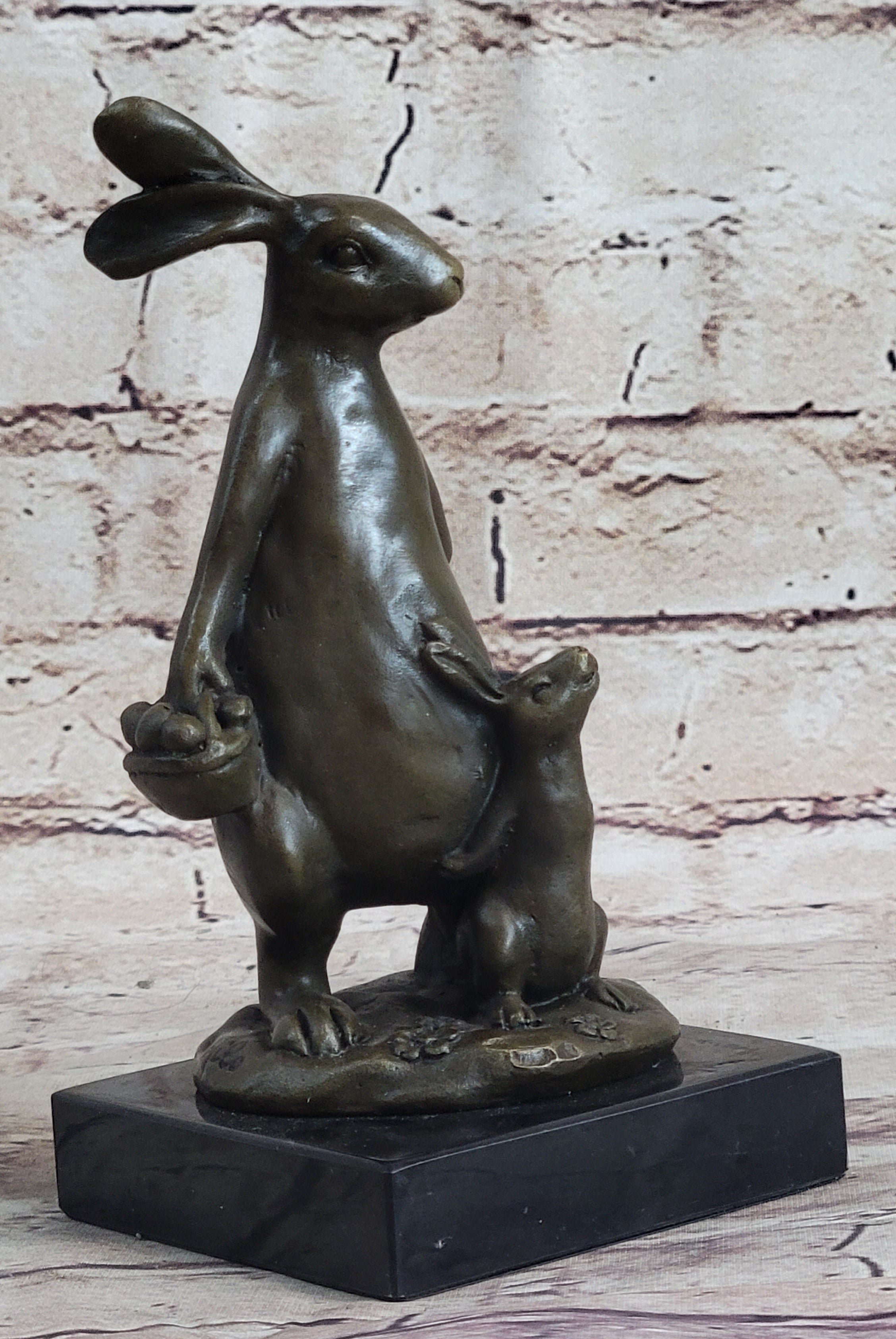 Easter Bunnies Rabbit Holding Basket of Eggs Bronze Sculpture