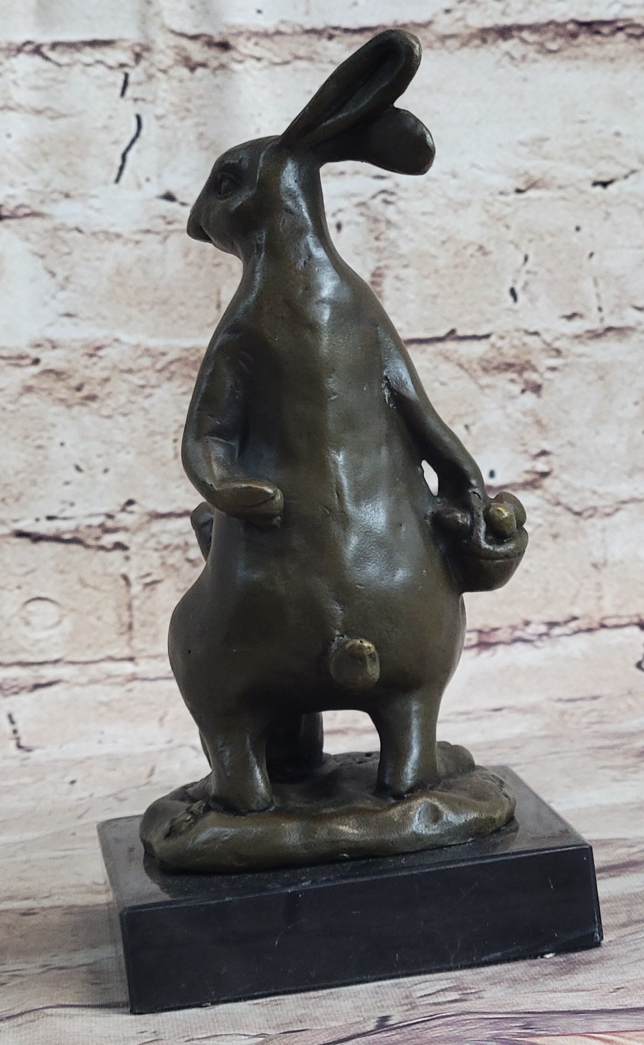 Easter Bunnies Rabbit Holding Basket of Eggs Bronze Sculpture