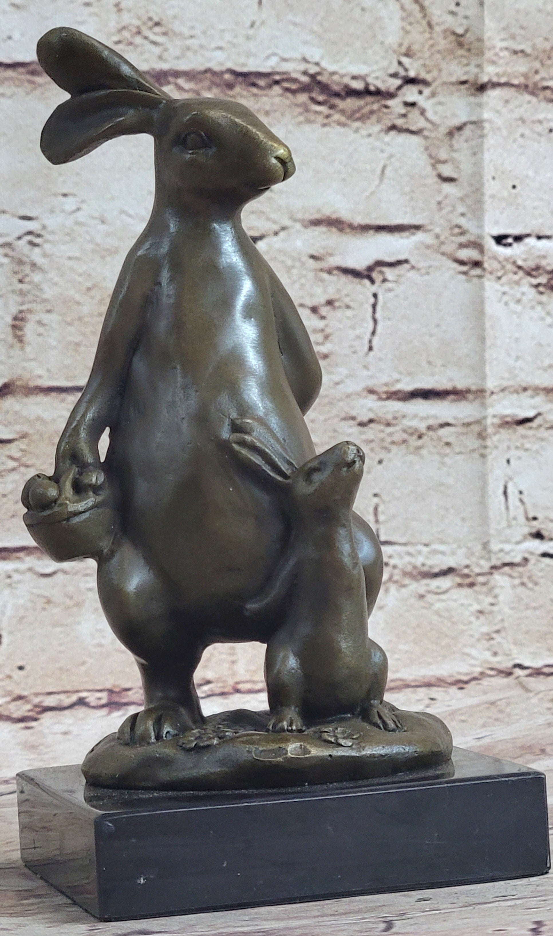Easter Bunnies Rabbit Holding Basket of Eggs Bronze Sculpture