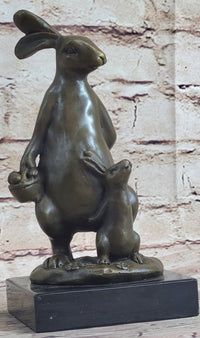 Easter Bunnies Rabbit Holding Basket of Eggs Bronze Sculpture