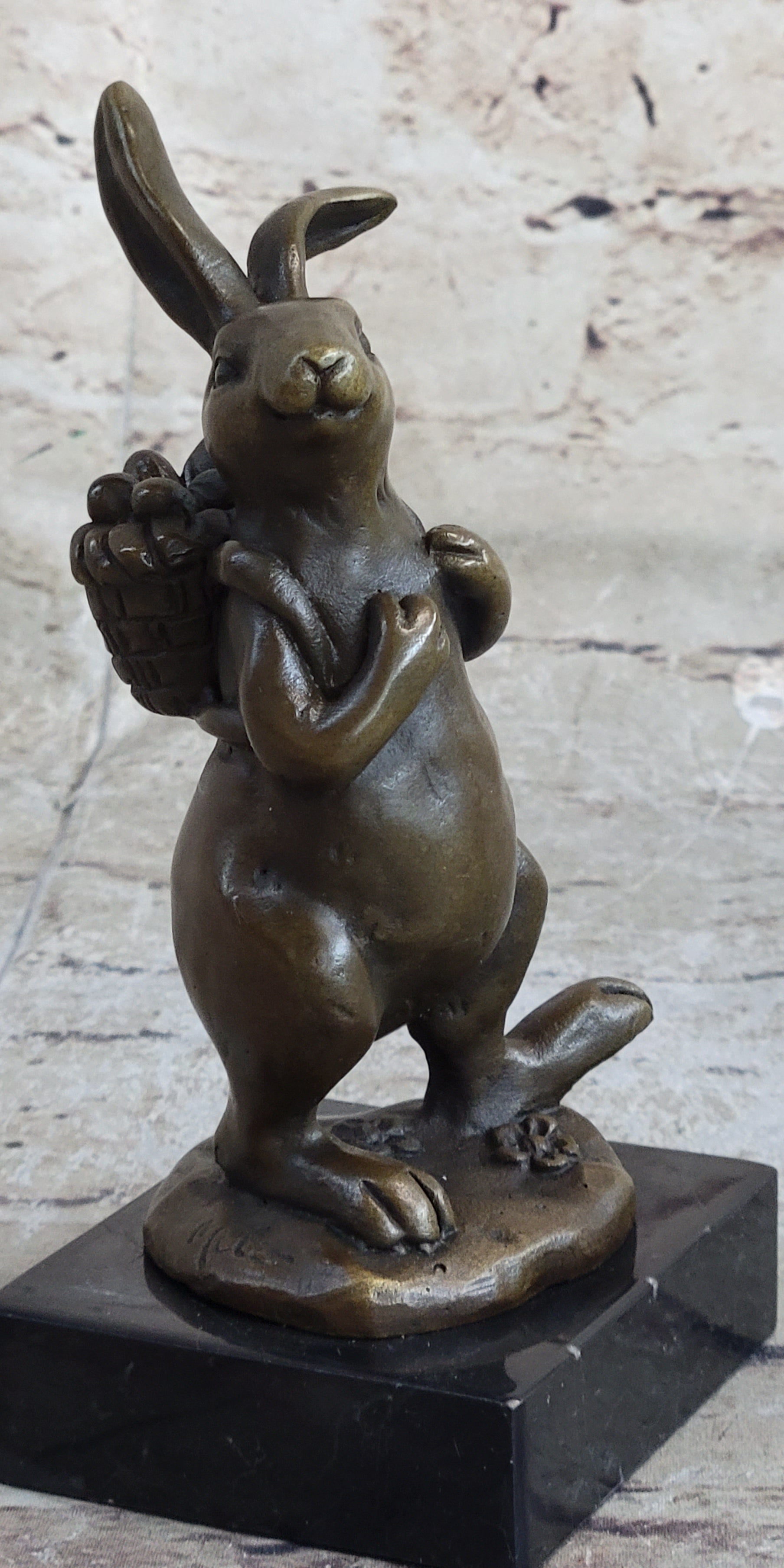 Signed Milo Bunny W. Basket of Flower Bronze Art Sculpture