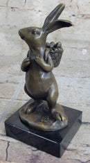 Signed Milo Bunny W. Basket of Flower Bronze Art Sculpture