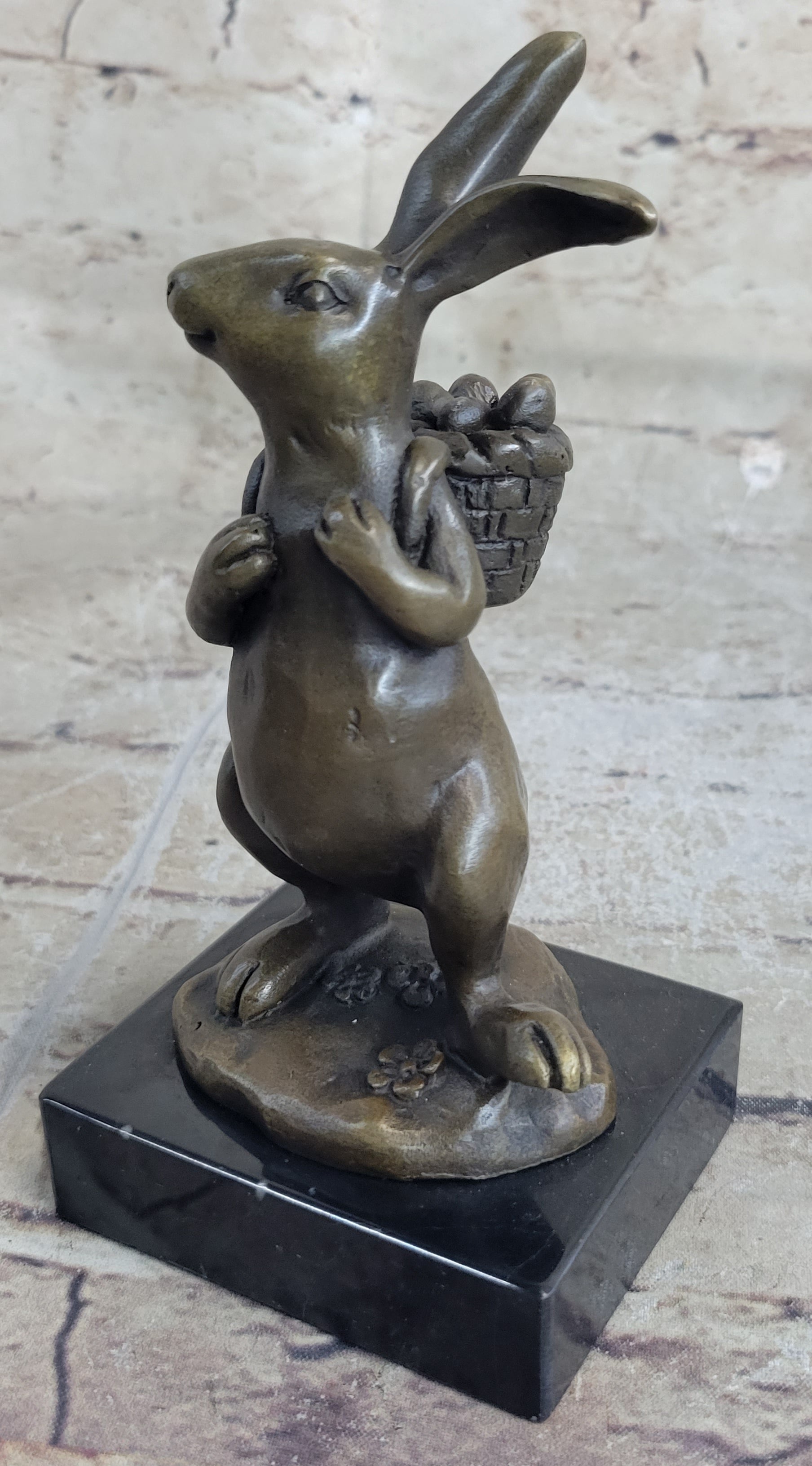 Signed Milo Bunny W. Basket of Flower Bronze Art Sculpture
