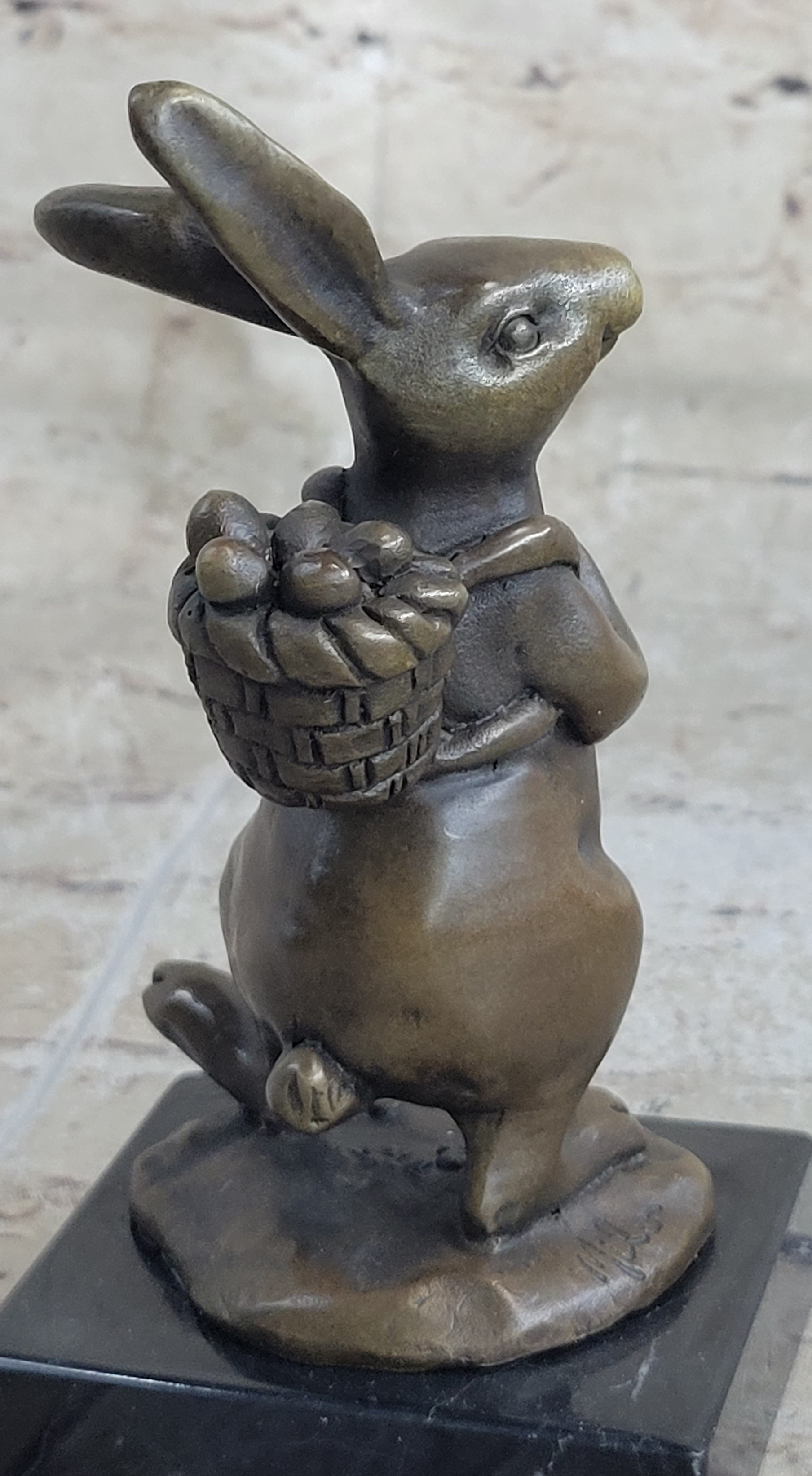 Signed Milo Bunny W. Basket of Flower Bronze Art Sculpture