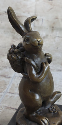 Signed Milo Bunny W. Basket of Flower Bronze Art Sculpture