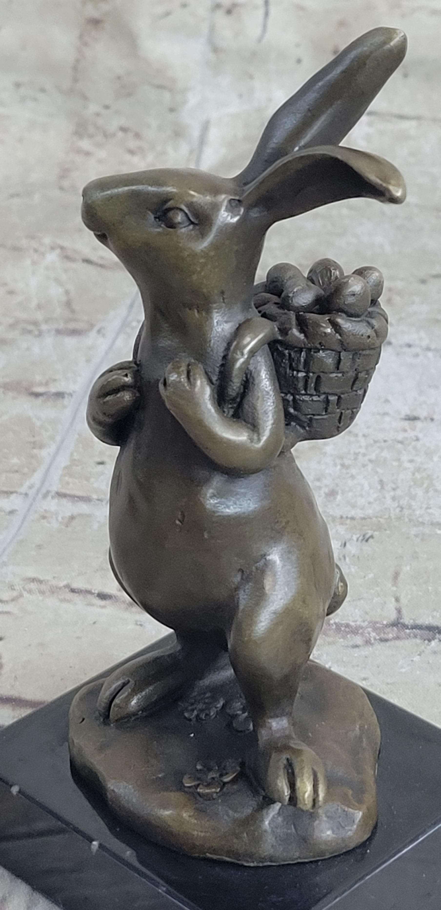 Signed Milo Bunny W. Basket of Flower Bronze Art Sculpture
